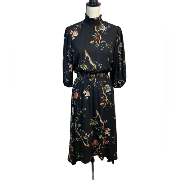 Nanette Lepore Dresses & Skirts - NWT Nanette Lepore Nigh Neck Black Floral Midi Dress Size 6